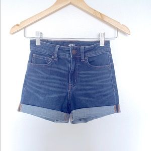 AERO High Rise Midi Jean Shorts Size 00 Medium Dark Wash Stretch Denim